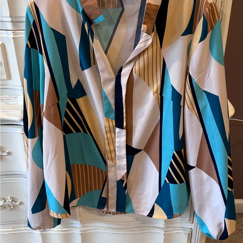 Geometric Print Long-Sleeve Blouse in Teal, Beige & Black